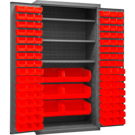 Bin Storage Cabinet, 102 Red Bins, All-Welded, 36"W x 24"D x 72"H