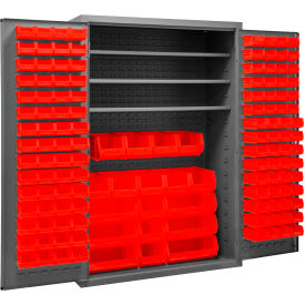 Bin Storage Cabinet, 138 Red Bins, All-Welded, 48"W x 24"D x 72"H