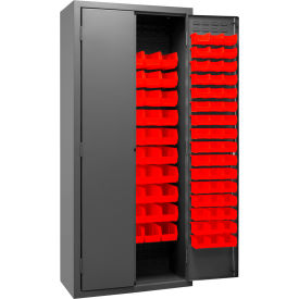 Bin Storage Cabinet, 156 Red Bins, All-Welded, 36"W x 18"D x 84"H