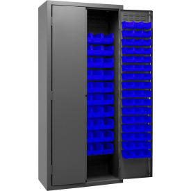 Bin Storage Cabinet, 156 Blue Bins, All-Welded, 36"W x 18"D x 84"H