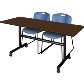 Training Nesting Table with 2 Zeng Blue Stack Chairs, 60"L x 24"W, Neo Walnut
