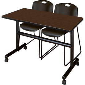 Kobe Training Nesting Table with 2 Zeng Black Stack Chairs, 48"L x 24"W, Neo Walnut