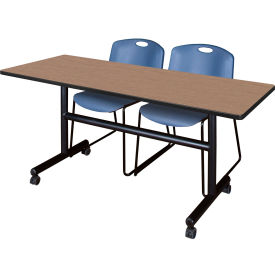 Training Nesting Table with 2 Zeng Blue Stack Chairs, 60"L x 24"W, Noble Oak