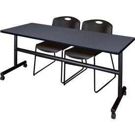 Kobe Training Nesting Table with 2 Zeng Black Stack Chairs, 72"L x 24"W, Gray