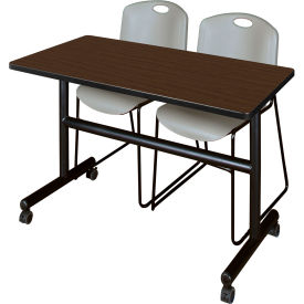 Kobe Training Nesting Table with 2 Zeng Gray Stack Chairs, 48"L x 24"W, Neo Walnut
