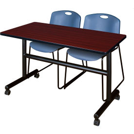 Kobe Training Nesting Table with 2 Zeng Blue Stack Chairs, 48"L x 24"W, Mahogany