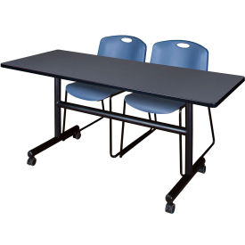 Kobe Training Nesting Table with 2 Zeng Blue Stack Chairs, 60"L x 24"W, Gray