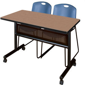 Kobe Privacy Nesting Table with 2 Zeng Blue Stack Chairs, 48"L x 24"W, Noble Oak