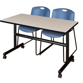 Training Nesting Table with 2 Zeng Blue Stack Chairs, 48"L x 24"W, Maple