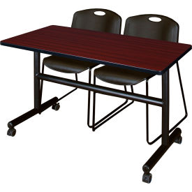 Training Nesting Table with 2 Zeng Black Stack Chairs, 48"L x 24"W, Mahogany