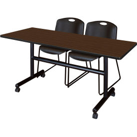 Kobe Training Nesting Table with 2 Zeng Black Stack Chairs, 60"L x 24"W, Neo Walnut