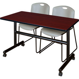 Kobe Training Nesting Table with 2 Zeng Gray Stack Chairs, 48"L x 24"W, Mahogany