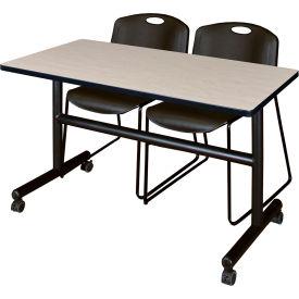 Kobe Training Nesting Table with 2 Zeng Black Stack Chairs, 48"L x 24"W, Maple