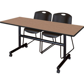 Training Nesting Table with 2 Black Stack Chairs, 60"L x 24"W, Noble Oak