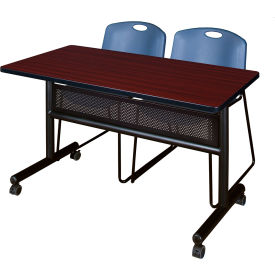 Privacy Nesting Table with 2 Zeng Blue Stack Chairs, 48"L x 24"W, Mahogany