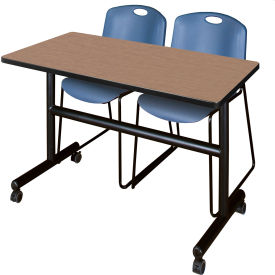 Training Nesting Table with 2 Zeng Blue Stack Chairs, 48"L x 24"W, Noble Oak