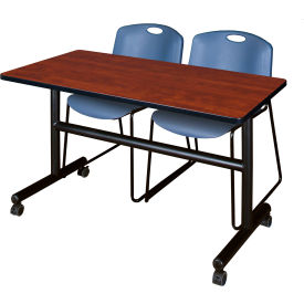 Training Nesting Table with 2 Zeng Blue Stack Chairs, 48"L x 24"W, Cherry