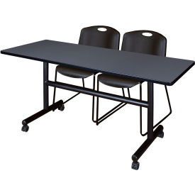 Kobe Training Nesting Table with 2 Zeng Black Stack Chairs, 60"L x 30"W, Gray