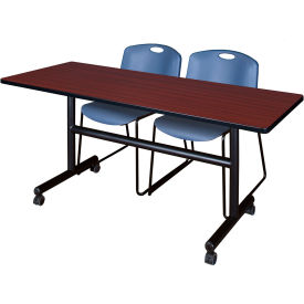 Training Nesting Table with 2 Zeng Blue Stack Chairs, 60"L x 24"W, Mahogany