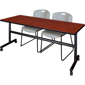 Kobe Training Nesting Table with 2 Zeng Gray Stack Chairs, 72"L x 24"W, Cherry
