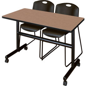 Kobe Training Nesting Table with 2 Zeng Black Stack Chairs, 48"L x 24"W, Noble Oak