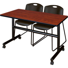 Kobe Training Nesting Table with 2 Zeng Black Stack Chairs, 48"L x 24"W, Cherry
