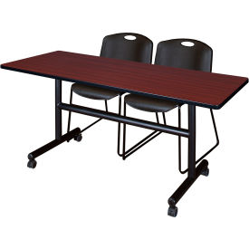 Training Nesting Table with 2 Zeng Black Stack Chairs, 60"L x 24"W, Mahogany