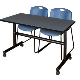 Kobe Training Nesting Table with 2 Zeng Blue Stack Chairs, 48"L x 24"W, Gray