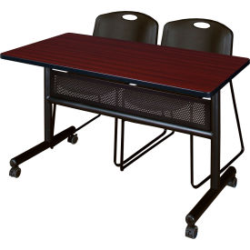 Privacy Nesting Table with 2 Black Stack Chairs, 48"L x 24"W, Mahogany