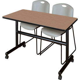 Kobe Training Nesting Table with 2 Zeng Gray Stack Chairs, 48"L x 24"W, Noble Oak