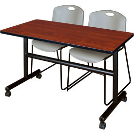 Training Nesting Table with 2 Zeng Gray Stack Chairs, 48"L x 24"W, Cherry