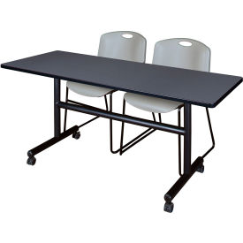 Kobe Training Nesting Table with 2 Zeng Gray Stack Chairs, 60"L x 30"W, Gray