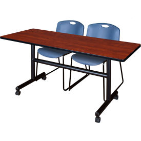 Kobe Training Nesting Table with 2 Zeng Blue Stack Chairs, 60"L x 24"W, Cherry