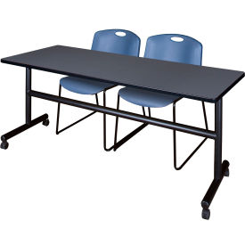 Kobe Training Nesting Table with 2 Zeng Blue Stack Chairs, 72"L x 24"W, Gray