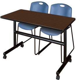 Training Nesting Table with 2 Zeng Blue Stack Chairs, 48"L x 24"W, Neo Walnut