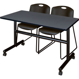 Kobe Training Nesting Table with 2 Zeng Black Stack Chairs, 48"L x 24"W, Gray