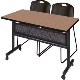 Kobe Privacy Nesting Table with 2 Zeng Black Stack Chairs, 48"L x 30"W, Noble Oak
