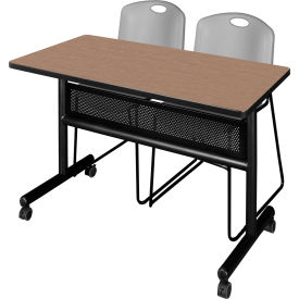 Privacy Nesting Table with 2 Zeng Gray Stack Chairs, 48"L x 24"W, Noble Oak