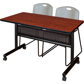Privacy Nesting Table with 2 Zeng Gray Stack Chairs, 48"L x 24"W, Cherry
