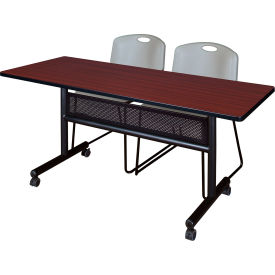 Kobe Privacy Nesting Table with 2 Zeng Gray Stack Chairs, 60"L x 24"W, Mahogany