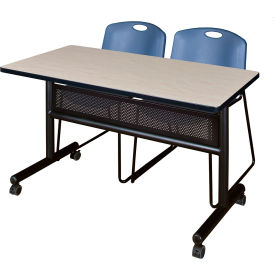 Privacy Nesting Table with 2 Zeng Blue Stack Chairs, 48"L x 24"W, Maple