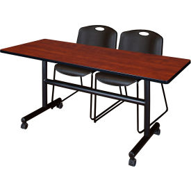 Kobe Training Nesting Table with 2 Zeng Black Stack Chairs, 60"L x 30"W, Cherry