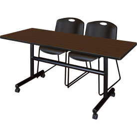 Kobe Training Nesting Table with 2 Zeng Black Stack Chairs, 60"L x 30"W, Neo Walnut