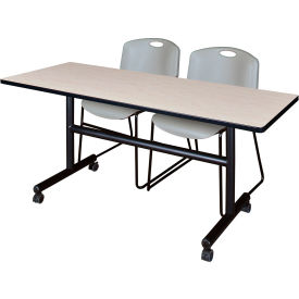 Kobe Training Nesting Table with 2 Zeng Gray Stack Chairs, 60"L x 30"W, Maple