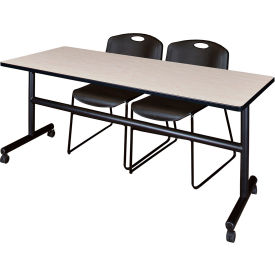 Training Nesting Table with 2 Zeng Black Stack Chairs, 72"L x 24"W, Maple