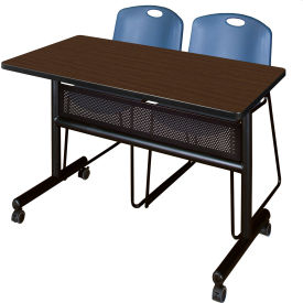 Privacy Nesting Table with 2 Zeng Blue Stack Chairs, 48"L x 24"W, Neo Walnut