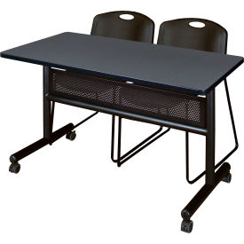 Kobe Privacy Nesting Table with 2 Zeng Black Stack Chairs, 48"L x 24"W, Gray