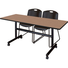 Training Nesting Table with 2 Black Stack Chairs, 60"L x 30"W, Noble Oak