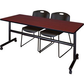 Kobe Training Nesting Table with 2 Zeng Black Stack Chairs, 72"L x 30"W, Mahogany