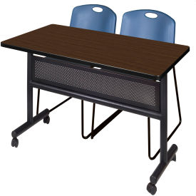 Privacy Nesting Table with 2 Zeng Blue Stack Chairs, 48"L x 30"W, Neo Walnut
